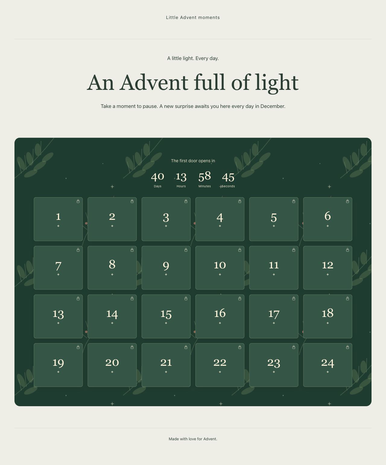 Türchenzeit on a real WordPress page: countdown and closed calendar doors