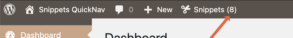 Historische WordPress-Toolbar mit dem Snippets-Menü und der Anzahl aktiver Snippets.