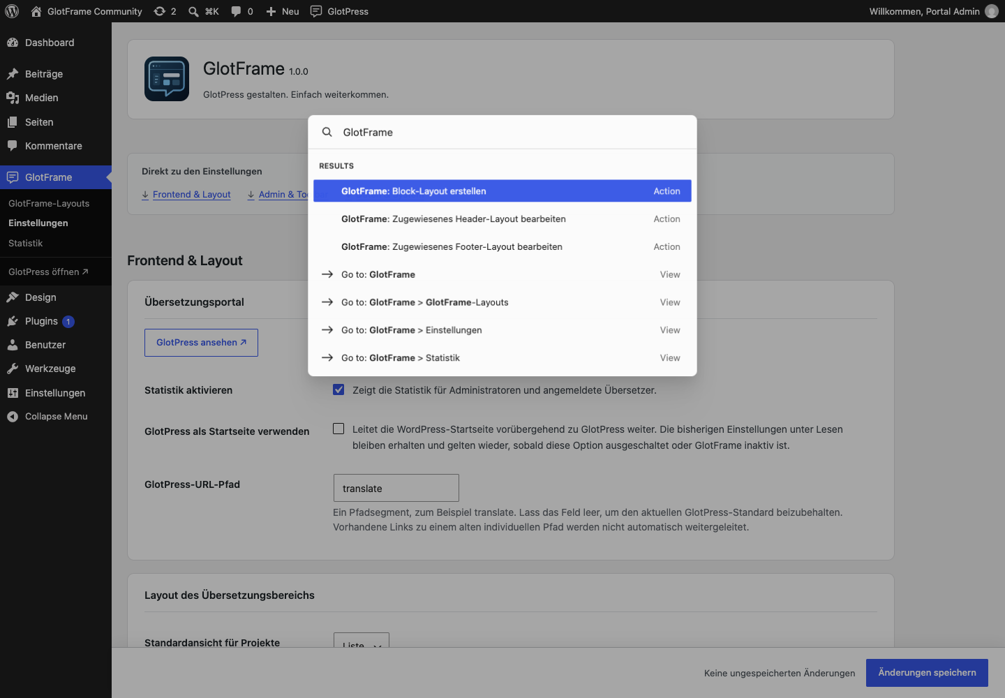 GlotFrame-Aktionen in der nativen WordPress-Befehlspalette