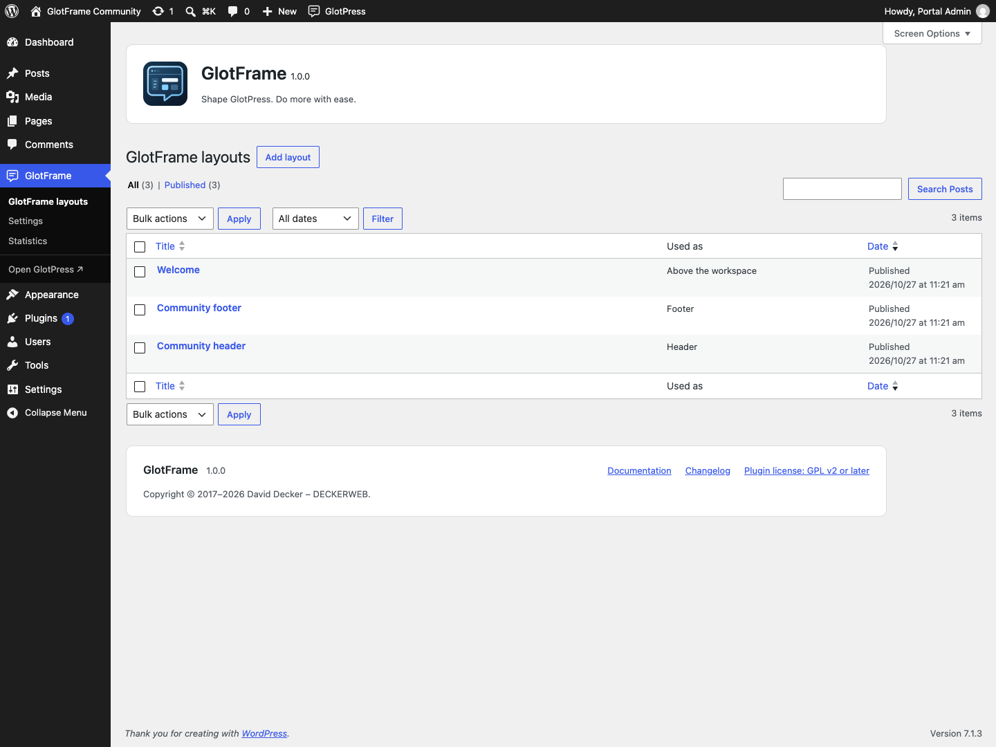Layout overview showing usage and row actions