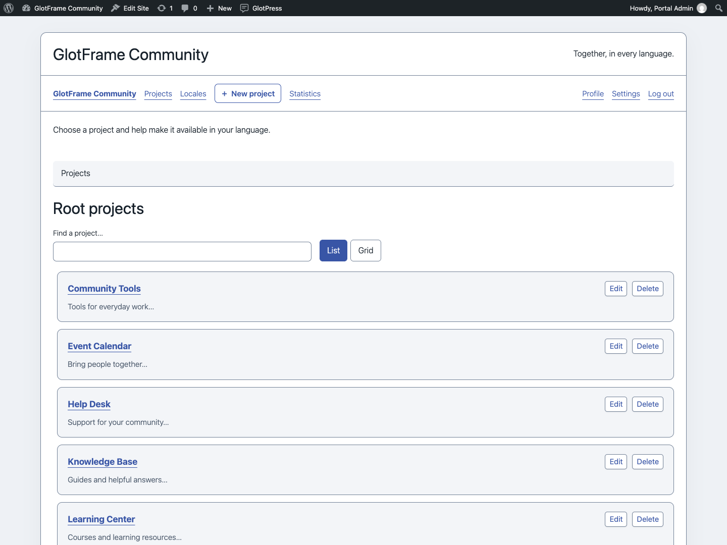 Search root projects in list view