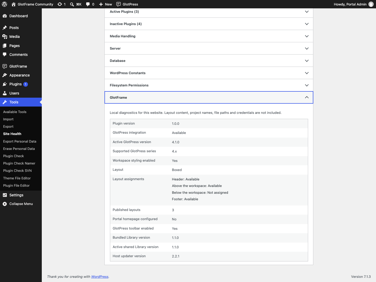 Local GlotFrame diagnostics in Site Health