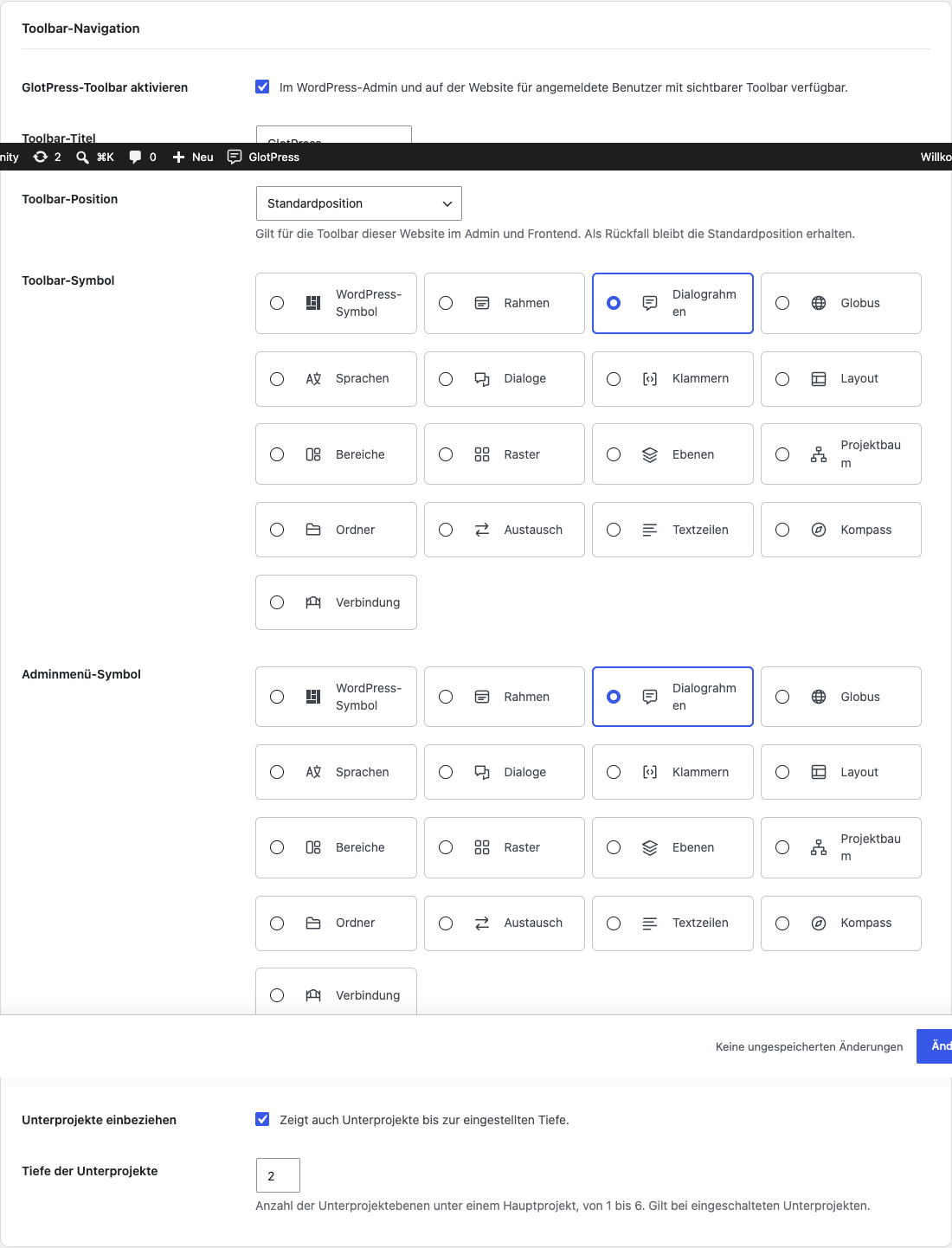Toolbar-Name, Icons, Projekte, Tiefe und Position festlegen