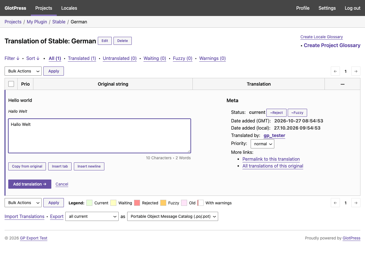Export as usual in GlotPress