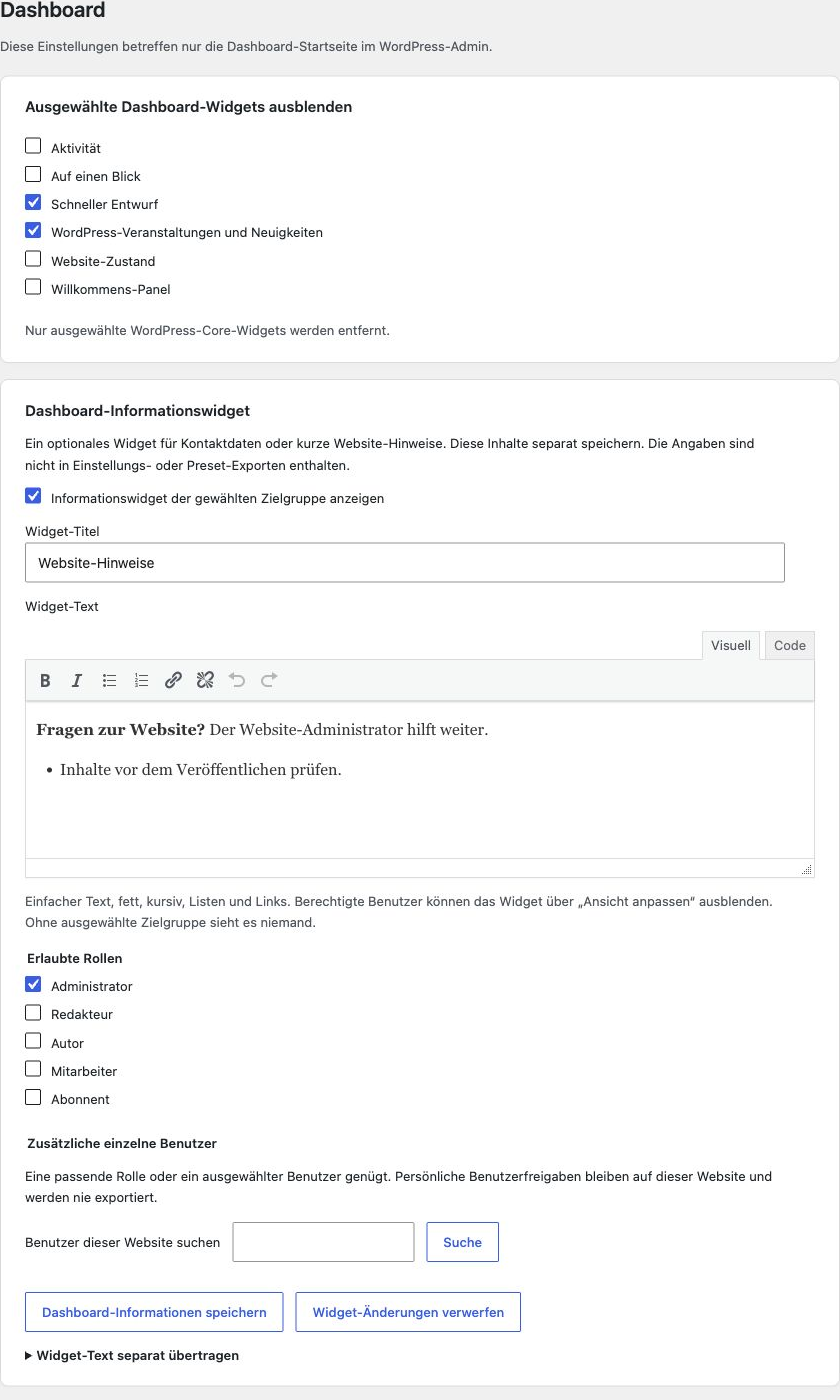 Dashboard-Konfiguration mit Auswahl der Zielgruppe