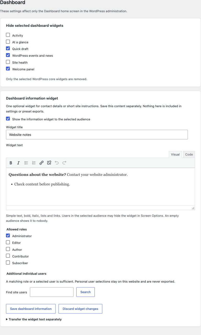 Dashboard configuration and audience selection