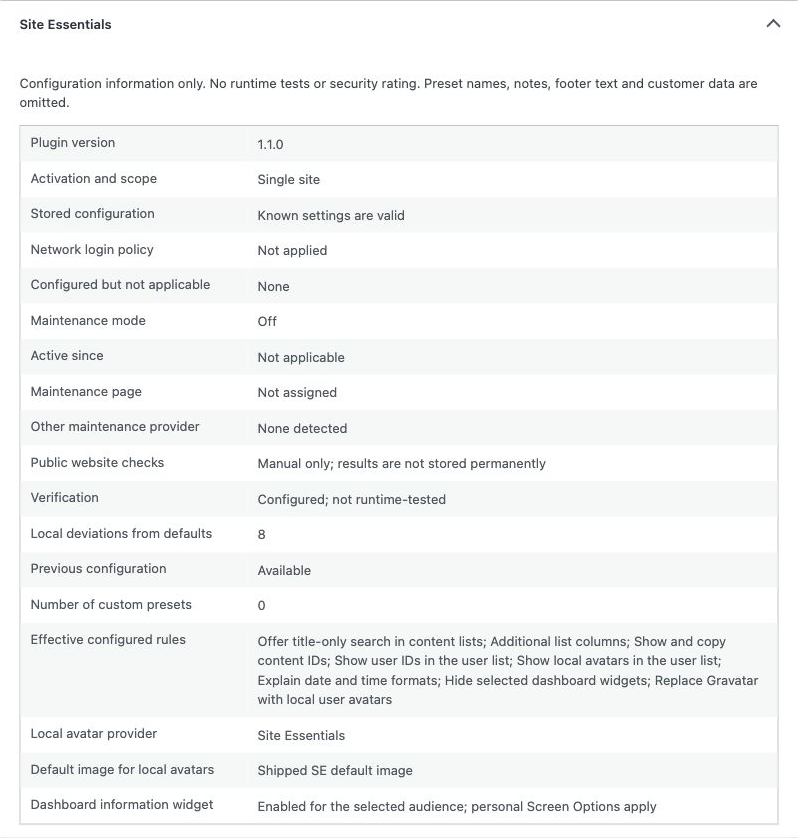 Site Essentials configuration information in Site Health