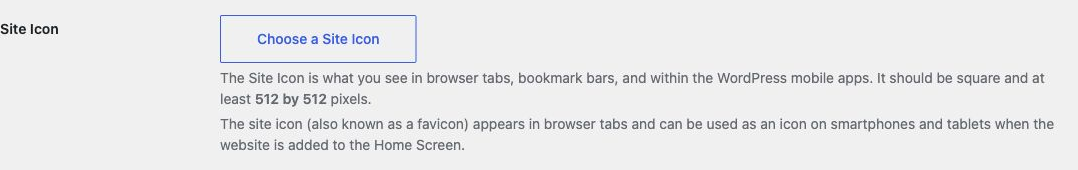 Site Icon controls with the Favicon and Home Screen explanation